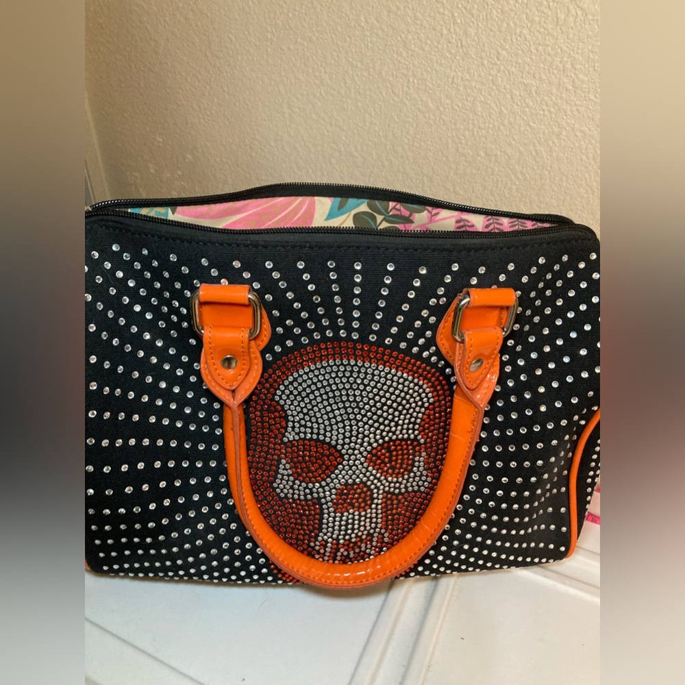 Studded Skull Satchel Handbag - Orange and Black by Lany by You - Picture 8 of 12
